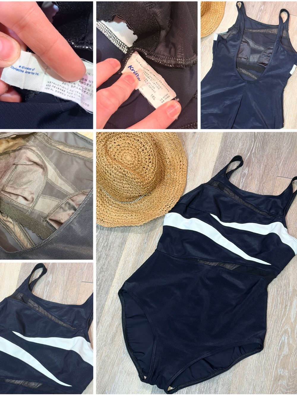 Navy and white ribbed One-Piece Swimsuit with low back and mesh cut out detail
